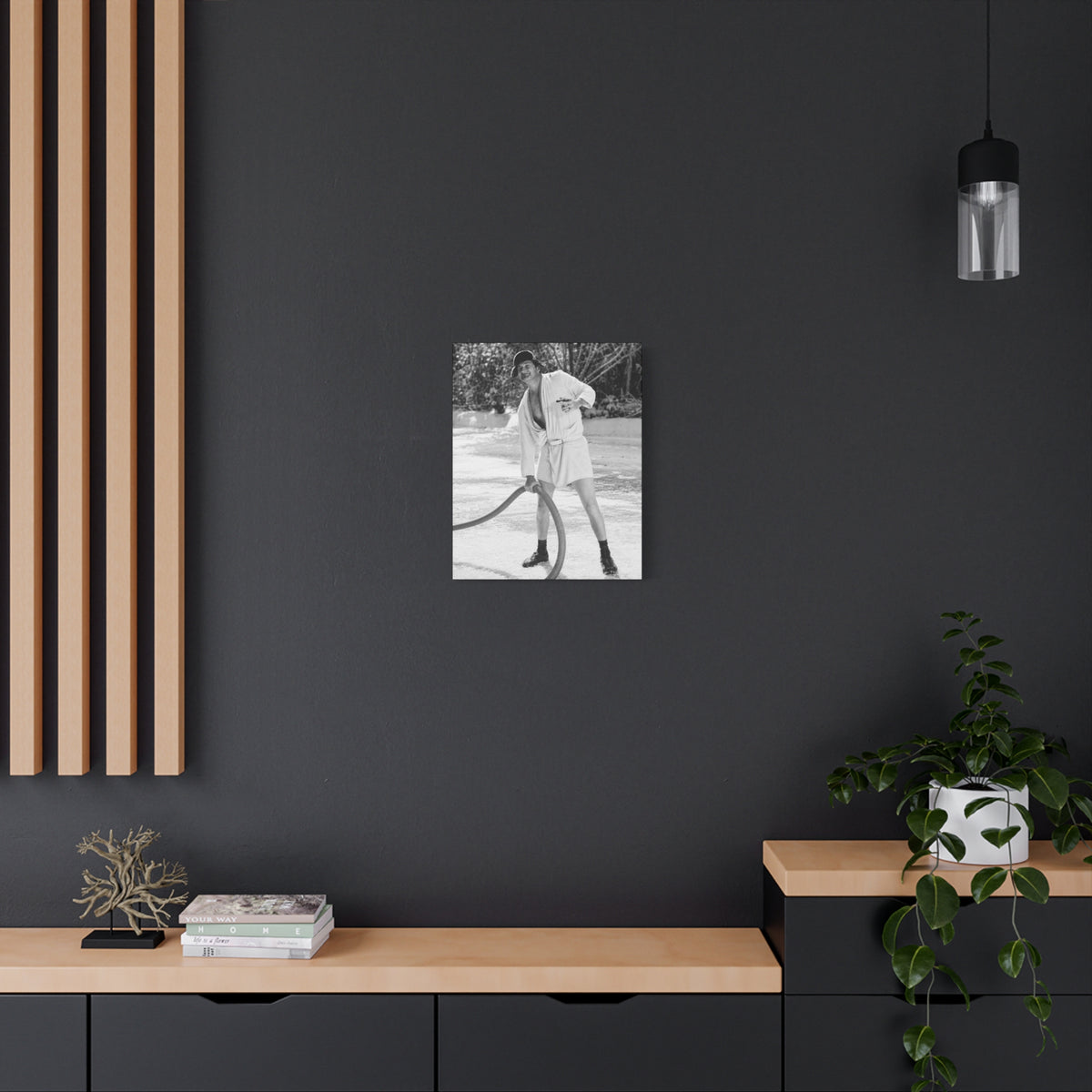 Vintage Black & White Canvas Wall Art — Humorous Man in Bathrobe Ice Scene