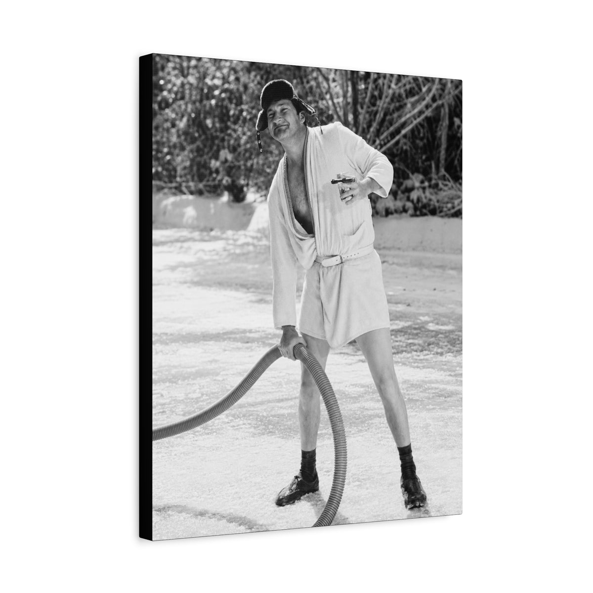 Vintage Black & White Canvas Wall Art — Humorous Man in Bathrobe Ice Scene