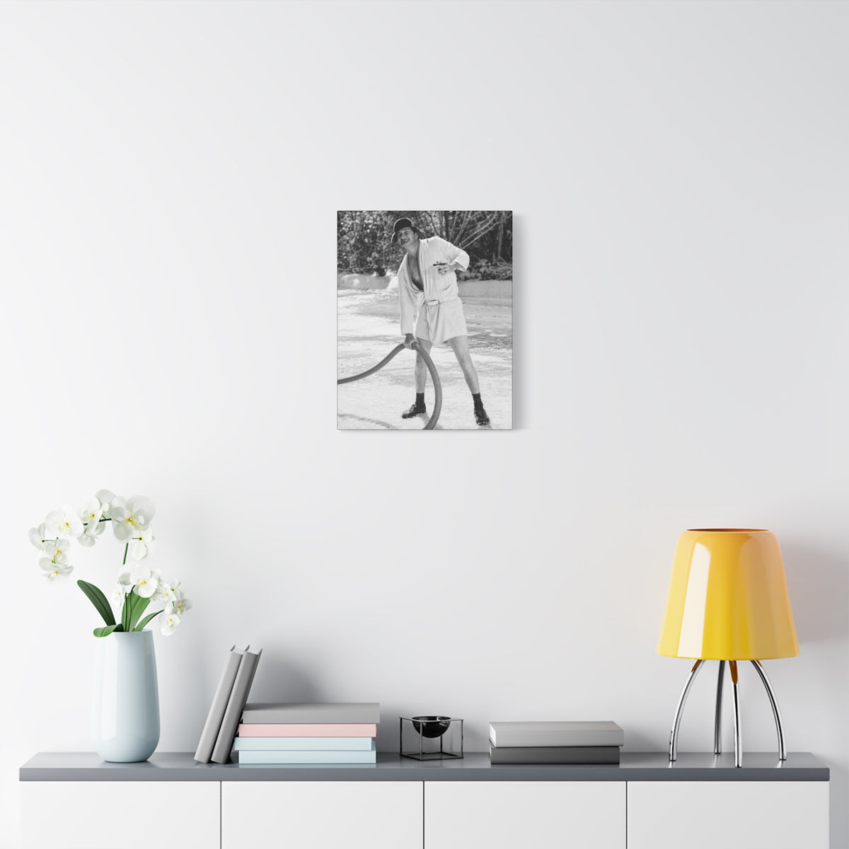 Vintage Black & White Canvas Wall Art — Humorous Man in Bathrobe Ice Scene