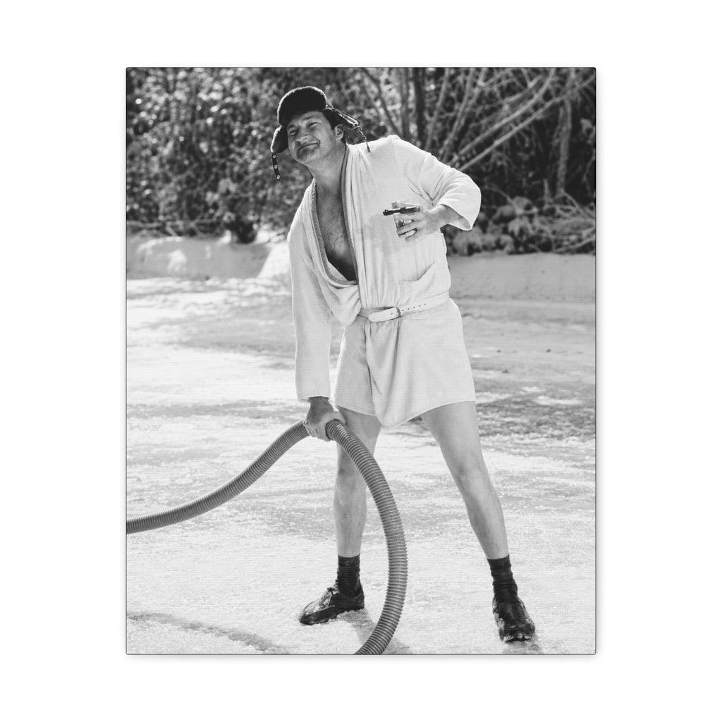 Vintage Black & White Canvas Wall Art — Humorous Man in Bathrobe Ice Scene
